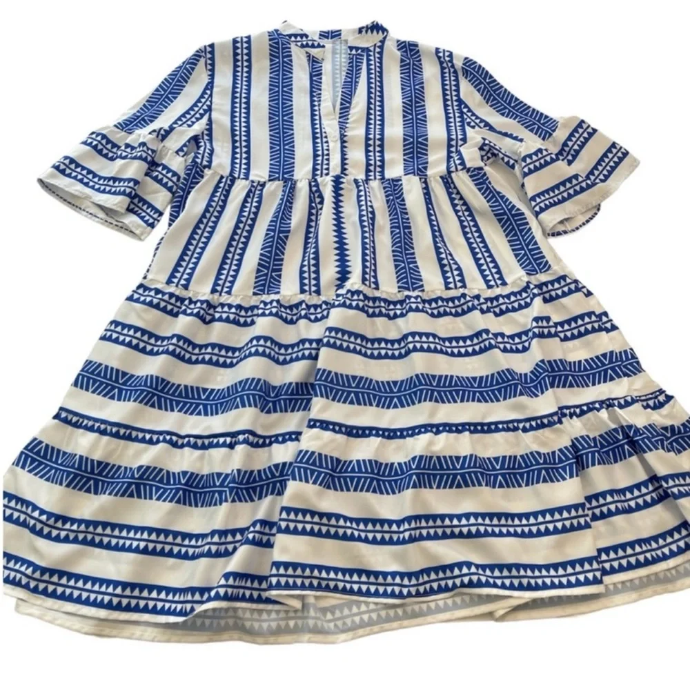 Baby Doll Mini Dress Geometric V-Neck Striped Blue & White Women’s Size Large - Picture 4 of 14
